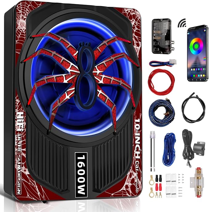1600W 10" Slim Under Seat Subwoofers with Built-in Amp | LED Ambient Light, Deep Bass, Individual Controls (LPF/Gain/Bass Boost), High Output Distortion-Free Audio, Suitable for All Vehicle Models (b)