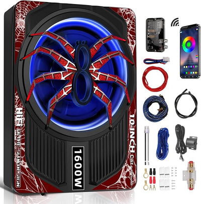 1600W 10" Slim Under Seat Subwoofers with Built-in Amp | LED Ambient Light, Deep Bass, Individual Controls (LPF/Gain/Bass Boost), High Output Distortion-Free Audio, Suitable for All Vehicle Models (b)