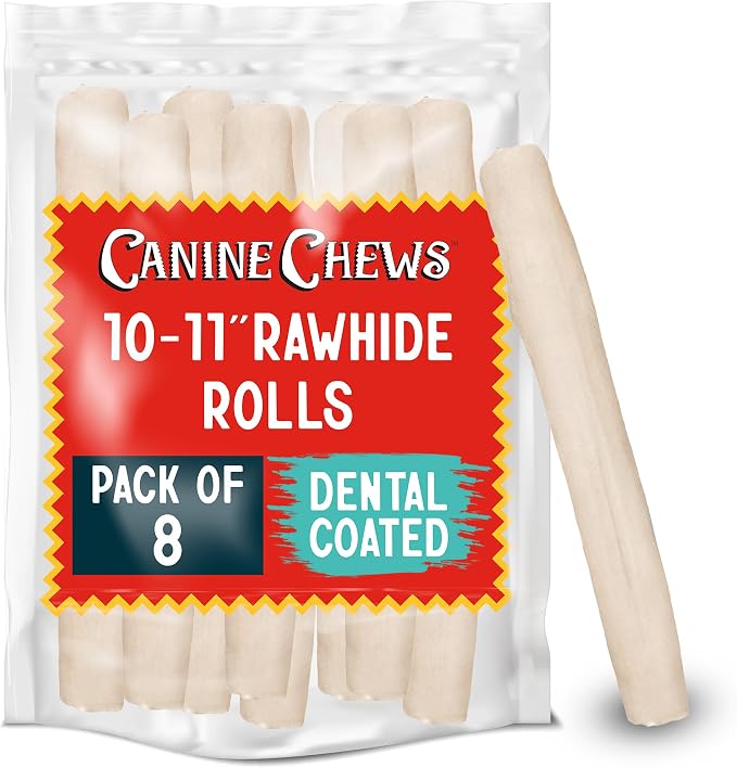 10-11" Dental Coated Jumbo Rawhide Retriever Rolls (8 Pack) - Breath Freshening & Long Lasting Dental Chews for Dogs Large Size - Teeth Cleaning Dog Treats for Aggressive Chewers