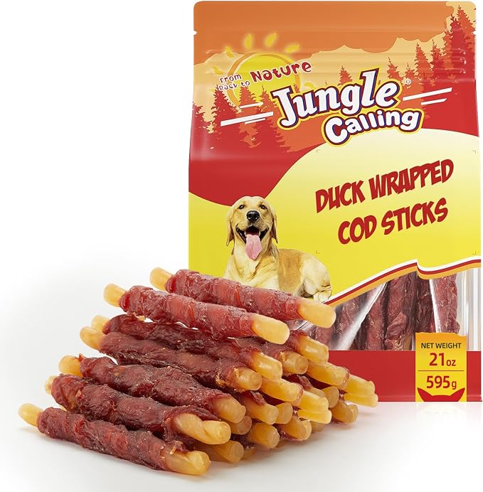 Jungle Calling 1.3 lb 35-Count Duck Wrapped Cod Sticks Dog Treats, Rawhide Free Dog Chews Long Lasting, Soft & Chewy Digestible Training Snacks for Small Medium Dogs