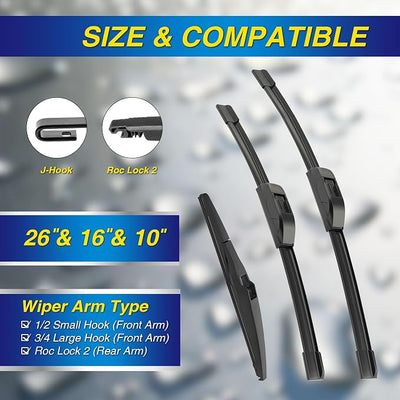 5 PLUS® Silicone Windshield Wiper Blades Replacement for 2018-2013 TOYOTA RAV4 Wiper Blades(Set of 3),Automotive Replacement Windshield Wiper Blades With silicone Water Repellency-26"/16"/10"