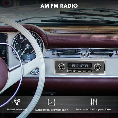 Bluetooth Retro Radio for Classic Vehicles: Single Din Vintage Stereo for Car - AM FM Tuner USB AUX Input Subwoofer RCA Output