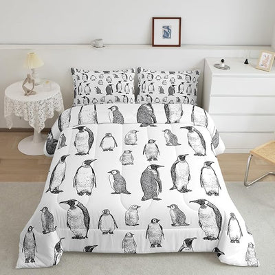 Erosebridal Penguin Comforter Set Full Size, Antarctic Animal Down Comforter for Kids Boys Girls Children, Winter Theme Duvet Insert Penguin Sketch Quilted Duvet Bed Decorative, Grey White