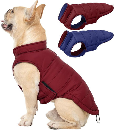 QBLEEV Reversible Dog Coat for Medium Dogs, Waterproof Windproof Winter Jacket Keeps Dogs Warm in Snow, Adjustable Hook & Loop Lightweight Dog Puffer Vest, Wine Red, L – Fits French Bulldog