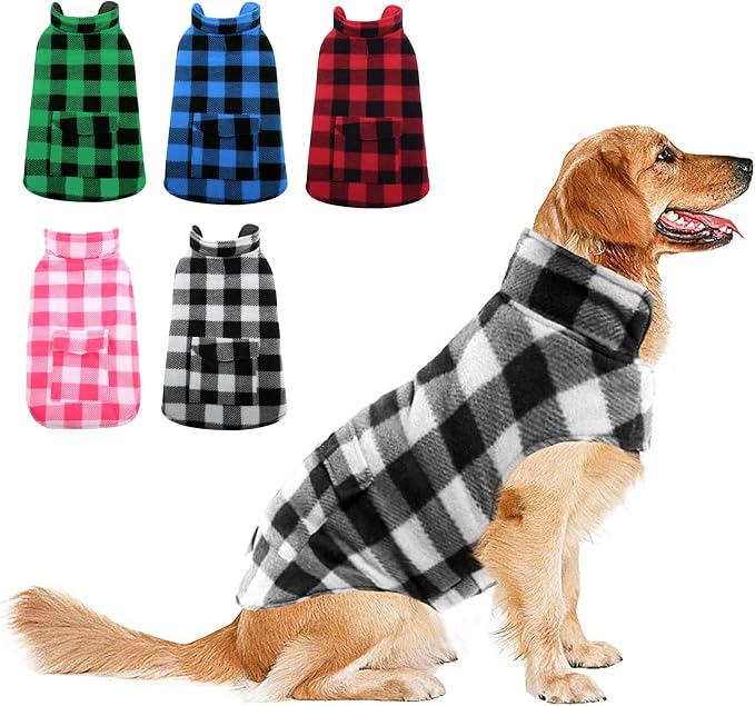 Dog Winter Coat, Fleece Doggie Jacket Plaid Reversible Vest Waterproof Windproof Cold Weather Clothes for Small Medium Large Dogs (White, XL)