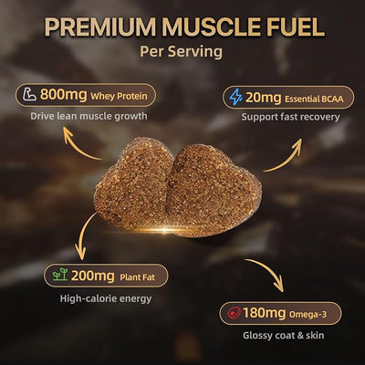High Calorie Dog Muscle Builder Chews for Underweight Breeds, 100 Ct | For skinny and active dogs, stops bowl refusal, 800mg whey protein per serving, garbanzo flour for stable digestion