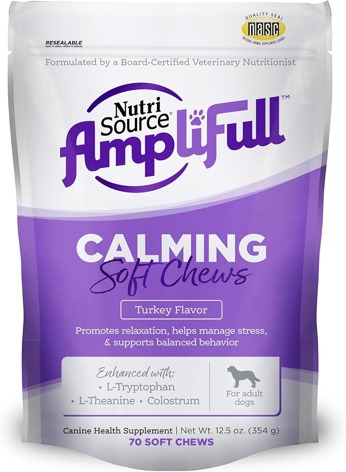 AmpliFull Turkey Flavor Calming Dog Soft Chews, Daily Anxiety & Stress Relief Supplement for Dogs, High Absorption for Relaxation, 70 Chews (1 Pack)