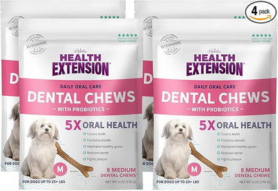 Health Extension Probiotic Dental Bones for Dogs, 8 Medium Bones, Cleans Teeth, Healthy Gums, Freshens Breath, Training or Reward, 6 oz Bag (Pack of 4)