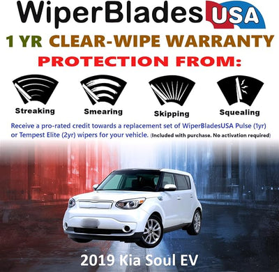 WiperBladesUSA Wiper Blades Set w/ 1yr warranty compatible with Kia Soul EV 2019 Wipers (Set of 3) w/Rear Wiper Pulse Wipers