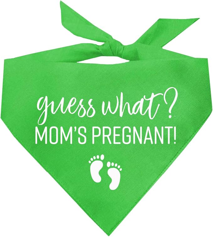 Guess What? Mom's Pregnant Dog Bandana | 100% Cotton Adjustable Triangle | Made in USA | New Baby | Pregnancy Announcement Photoshoot Prop | Gender Reveal | Lime Green X-Small (216)