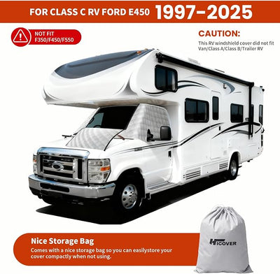 RV Windshield Window Snow Cover for Class C Ford E450 1997-2025 Motorhome, Windshield Cover for Ice and Snow RV Front Window Sunshade Cover RV Accessories 4 Layers with Mirror Cutouts Zipper