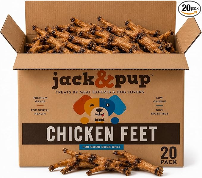 Jack&Pup Dried Chicken Feet Dog Treats | 100% Natural, Fully Digestible, Dehydrated Chicken Feet for Dogs High Protein, Joint Support (20 Pack) Economical Alternative to Duck Foot and Pig Ears