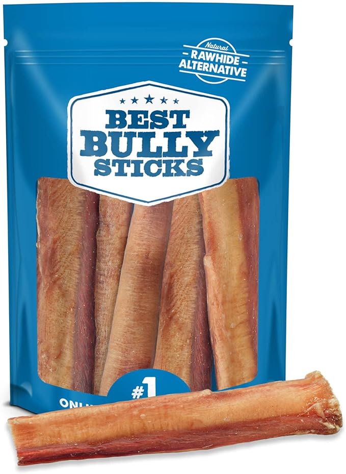 Best Bully Sticks Thick 12 Inch Bully Sticks for Dogs - 5 Count (Pack of 1) - Natural Grass-Fed Beef, Single Ingredient, Grain and Rawhide Free - Large Breeds