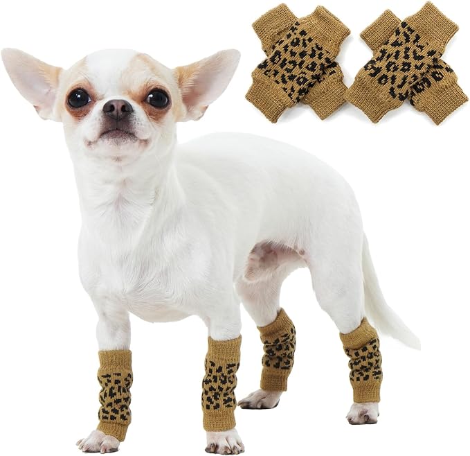 4 Leg Anti Dirt Pants for Small Dog Front Leg and Back Leg Knee, Dog Elbow Wrap, Dog Leg Warmer Wrap Protector, Pet Knitted Breathable Protective for Chihuahua, Yorkshire Terrier Khaki S