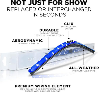 Clix Wipers - 26" Stars Patriotic Automotive Replacement Wiper Blade (Pack of 1) Universal Clip On All-Weather Flex Frame Windshield Wiper