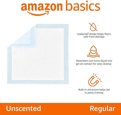 Amazon Basics Leak-Proof Dog and Puppy Potty Training Pee Pads with Quick-Dry 5-Layer Super Absorbent Surface for Dog Training, Floor Protection, Regular Size 22x22", Blue & White, 50 Count