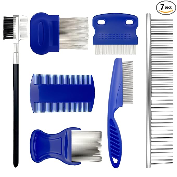 7 Pack Flea Comb Set for Cats and Dogs, Stainless Steel & Plastic Pet Grooming Combs with Dog Eye Comb & Tear Stain Comb, Flea Comb for Small Dogs, Puppy Comb, Tick Comb, Cat Flea Comb Grooming Kit