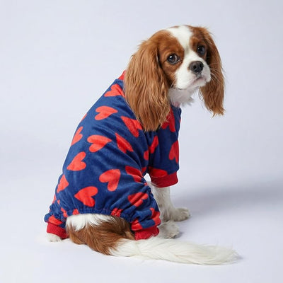 Fitwarm Valentines Day Sweet Hearts Dog Pajamas, Dog Winter Clothes for Small Dogs Girl Boy, Lightweight Velvet Pet Jumpsuit, Cat Onesie, Dark Blue, Red, Large