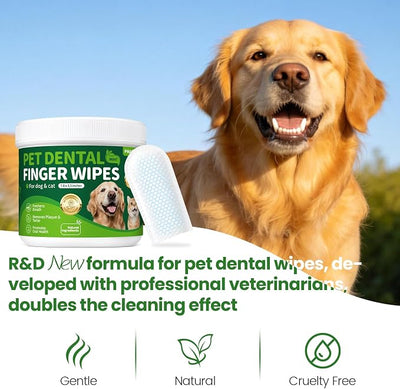 Dog Dental Care Wipes - 60Ct Tooth Brushing kit, Heavy Duty Teeth Cleaning for Dogs & Cats, Remove Tartar & Plaque, Dog Breath Freshener, Dog Toothbrush & Toothpaste Alternatives (Mint)