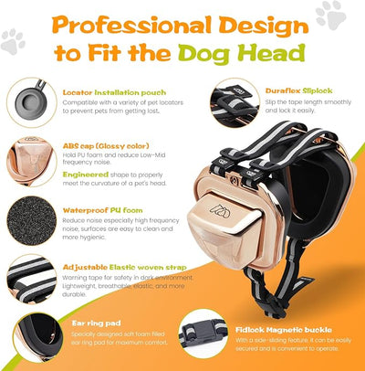 PETSEAR Dog Ear Muffs Noise Protection,Dog Headphones Noise Cancelling 29dB NRR with Magnetic Buckle & Electroplated Finish, Anti-Anxiety Earmuffs for Fireworks,Thunderstorms,Travel(Gold,XXXS)