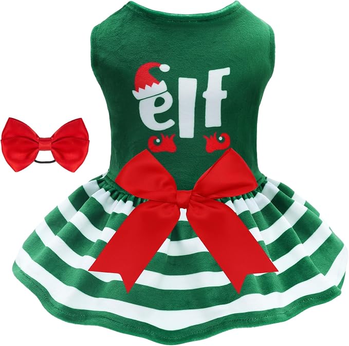 CuteBone Elf Dog Dresses Velvet Holiday Small Dogs Clothes Onesie Pet Apparel Girl Puppy Skirt with Bow Hair Rope