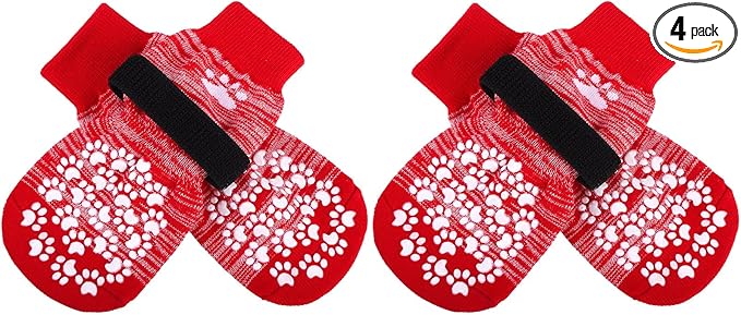 Anti Slip Dog Socks, Red, Medium, 4 Count, Fabric, Elastic Band, Dog, Paw Protection, Indoor & Outdoor