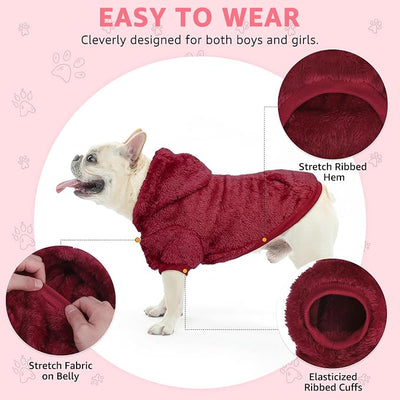 SCENEREAL Fleece Dog Sweaters Hoodie for Small Medium Large Dogs Girls Boys, Plush Fuzzy Dog Clothes Hoodies with Leash Hole, Winter/Fall Puppy Cold Weather Coat, Sherpa Hooded Sweatshirt, Burgundy M
