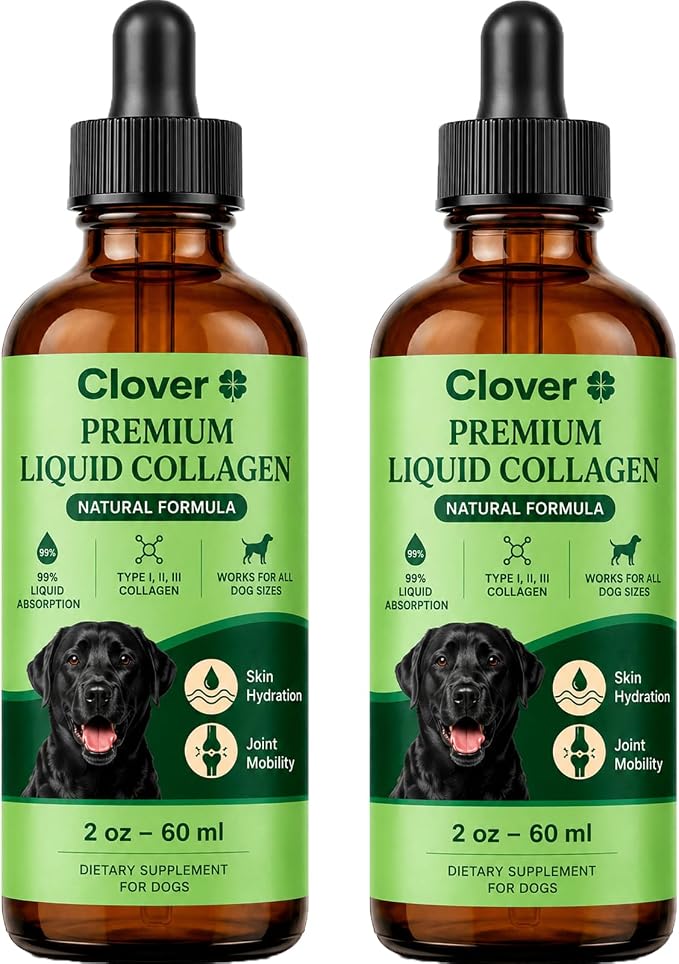 Clover Collagen for Dogs, Triple Hydrolyzed Liquid Collagen Peptides with Glucosamine and Hyaluronic Acid, Joint Mobility Support, Skin and Coat Supplement Drops (2PCS)