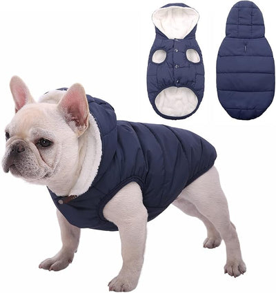 SAWMONG Waterproof Dog Winter Coat, Warm Fleece Lined Dog Jacket with Hood, Windproof Puppy Coat, Pet Apparel Vest Outdoor&Indoor Winter Activities(Blue,XS)