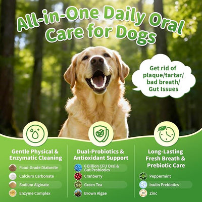Dog Dental Powder, Teeth Cleaning Powder, Plaque & Tartar Off, Fresh Breath Support, No Brushing Oral Care, Mint Chicken Flavor, 150 Servings