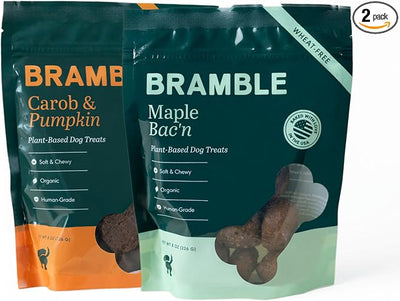 BRAMBLE Dog Treats. Plant-Based Carob & Pumpkin and Maple Bac'n, Treats for Dogs Bundle, Wheat-Free Everyday Dog Treats, All-Natural Soft & Chewy Cookies. 2 Packs 8 oz
