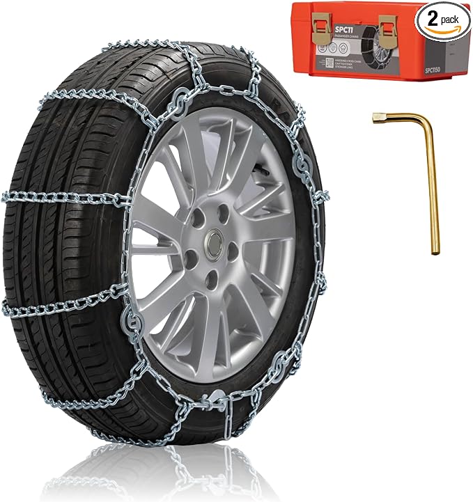 Snow Chains for Car Tires, Tire Chains for Pickups, SUVs, and Light Trucks, Quick Fit & Easy Installation, Reusable CAM Tightener for Emergency Tire Traction, Set of 2