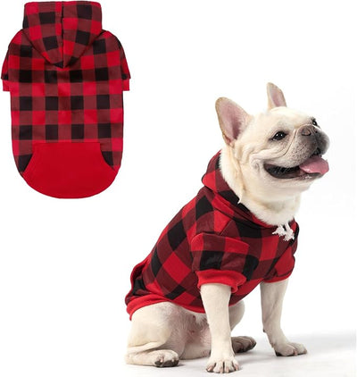 KOOLTAIL Plaid Dog Hoodie Pet Clothes Sweater with Hat and Pocket for Small Medium Large Size Dogs, Soft Winter Warm Dog Cold Weather Coat, Fleece Fall Dog Hooded Sweatshirt for Puppy Cats, Red S