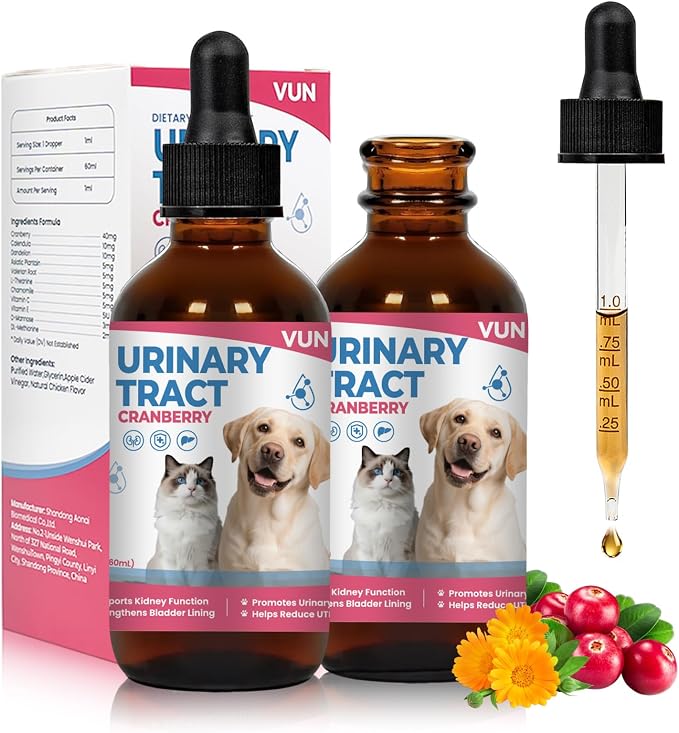Cat UTI Treatment,Dog Urinary Tract Infection Drops, Renal Health for Cats Pets - Kidney Support,Bladder Control for Dogs Incontinence - Cat UTI Remedy Cranberry & D-Mannose (2 Pack)
