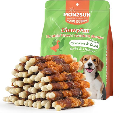 MON2SUN Double Flavor Dog Treats, 4 Inch Chicken and Duck Wrapped Calcium Bones, Rawhide Free Chews for Small Dogs, Teeth Cleaning Bones, 21.16oz (30 Count-Pack of 1)