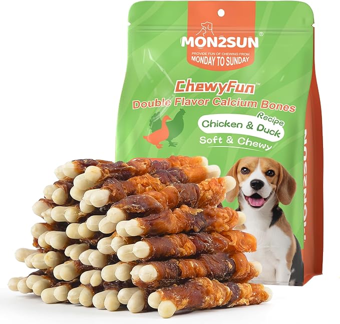 Double Flavor Dog Treats, 4 Inch Chicken and Duck Wrapped Calcium Bones, Rawhide Free Chews for Small Dogs, Teeth Cleaning Bones, 21.16oz (30 Count-Pack of 1)