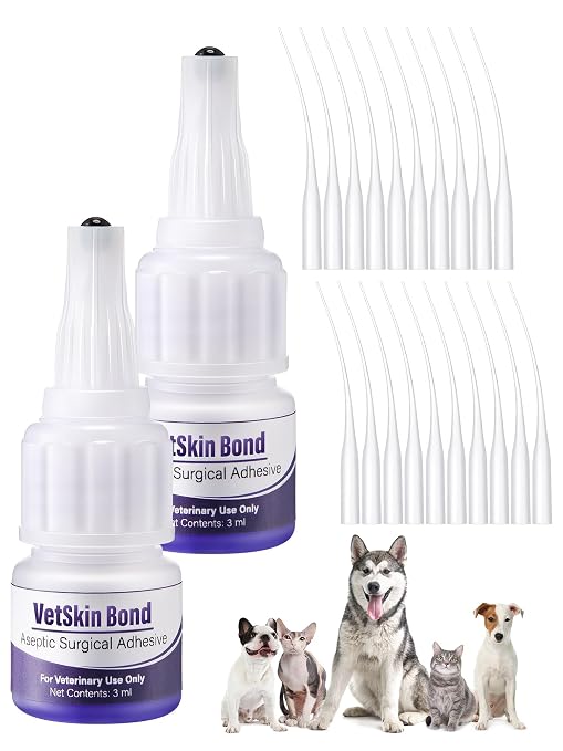 2 Pack 3ml Veterinary Surgical Skin Glue with 10 Applicators, Strong Surgical Adhesive, Blue-Tinted Fast-Acting Tissue Wound Glue, Up to 30 Applications, Ideal for Multi-Pet Households