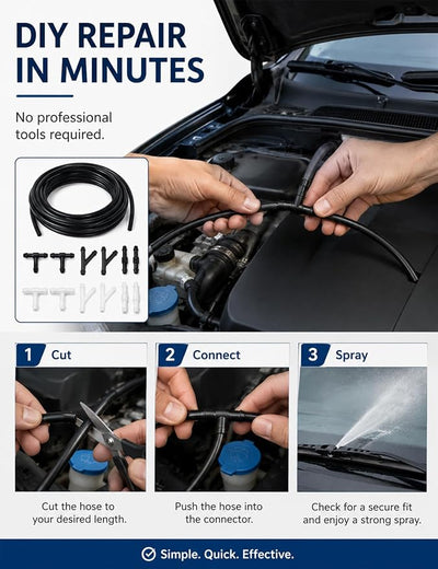 Windshield washer hose kit, 3 Meters (9.84ft) Flexible Washer Fluid Tubing with 12 Pcs Connectors (Black & White), windshield wiper hose repair kit for Cars, SUVs, Trucks
