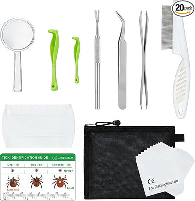 Tick Removal Tool & Twister Kit for Dogs, Cats & Humans, 10-in-1 Stainless Steel Tick Removers & Tick Puller Set - Professional Tick Tweezers Tool for Camping, Hiking & Dog Tick Remover