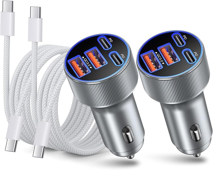 90W Car Charger USB C, [2Pack] Dual 45W USB C iPhone 17 Pro Max Fast Charging Cigarette Lighter Adapter with 6ft Type C Cable for iPhone 16 15 Galaxy S26 S25 Ultra S24 S23