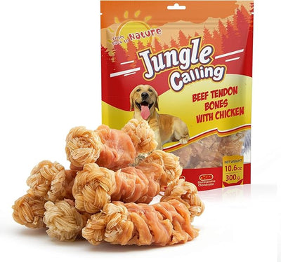 Jungle Calling Long Lasting Dog Chews for Medium Large Dogs, Chicken Wrapped Beef Tendon Braid Bones - Rawhide-Free Hip and Joint Support Treats with Glucosamine