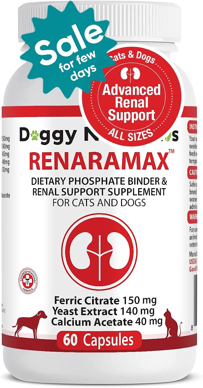 RENARAMAX Dietary Phosphate Binder and Renal Support Supplement for Cats and Dogs Count (Made in U.S.A) (60 Caps)