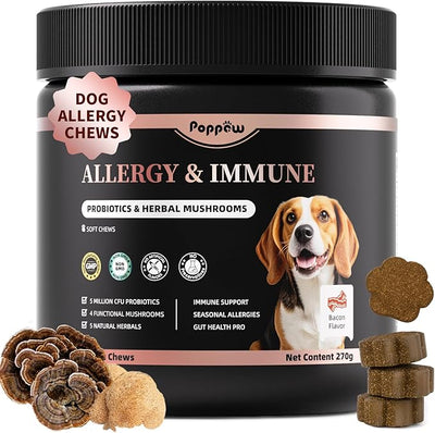 Dog Allergy Chews - Paw Licking, Seasonal Allergy & Itch Relief - Probiotics for Dogs Immune & Gut Health with Turkey Tail Mushroom, Pumpkin - Bacon Flavor - 90 Count