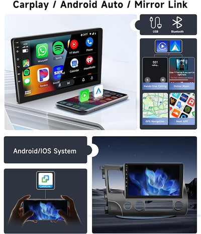 [8 CORE 6G+128G] Car Stereo for Honda Civic 2006-2011 with Wireless Carplay/Android Auto, 10.1 Inch Android 15 IPS Touch Screen Car Radio, Bluetooth, GPS, 5G WiFi, SWC, DSP+Backup Camera