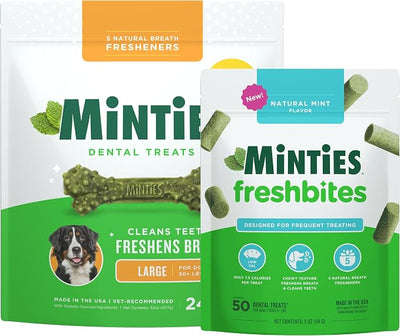 Minties Large Dog Dental Bone Treats, 24 Count FreshBites Soft and Chewy Dental Treats for Dogs, 50 Count