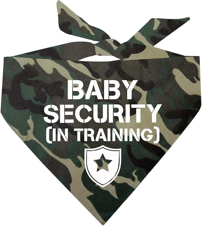 Baby Security in Training Dog Bandana | 100% Cotton Adjustable Triangle | Made in USA | Pregnancy Announcement Photoshoot Prop | Gender Reveal | Assorted Colors & Sizes (Camo, One Size) GB