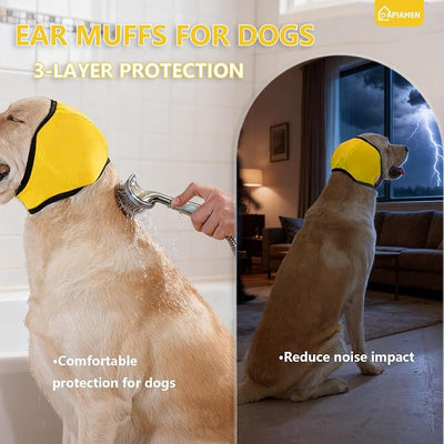 Dog Ear Covers,Dog Ear Muffs Noise Protection,No Flap Ear Wrap for Dogs Hematoma Recovery,Adjustable Calming Hoodie Shower Cap for Grooming,Bathing,Swimming & Anxiety Relief(Yellow,M)