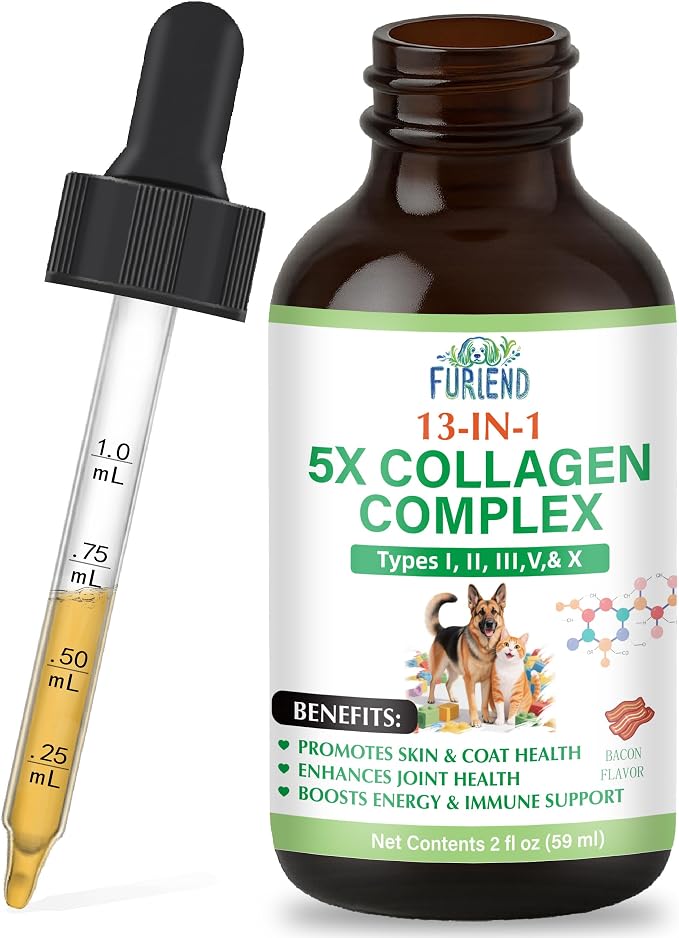 Premium 5X Organic Liquid Collagen for Dogs and Cats | Types I, II, III, V & X Collagen Peptides, MSM and Biotin for Joint, Skin, Coat Health & Immunity | Bacon Flavor 2 fl oz
