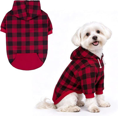 EXPAWLORER Plaid Dog Hoodie - British Style Warm Dog Sweater Shirt with Leash Hole,Pitbull Clothes Outfits,Winter Coat Apparel for All Breeds Puppy Girl Boy-Cat Apparel,Buffalo Check Small