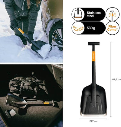 Fiskars Plus Car Shovel, Compact Snow Shovel with T-Handle and Stainless Steel Edge, 63 cm, 1079857